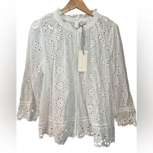Jennifer & Grace Eyelet Ruffle-Neck Blouse - White 1X Cottagecore Spring Summer